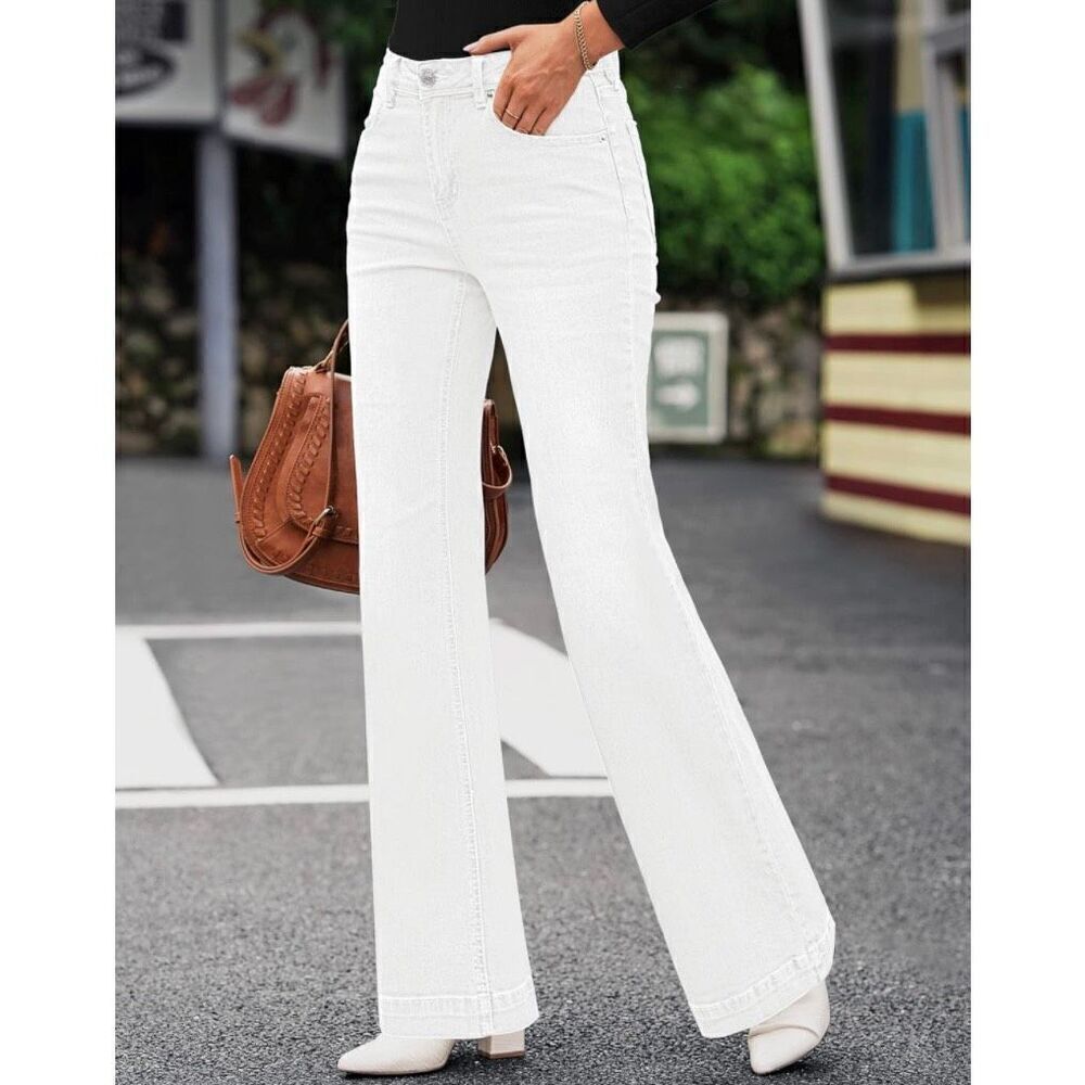 Womens White High Waisted Wide Leg Baggy Denim Flare Pants - Picture 2 of 7